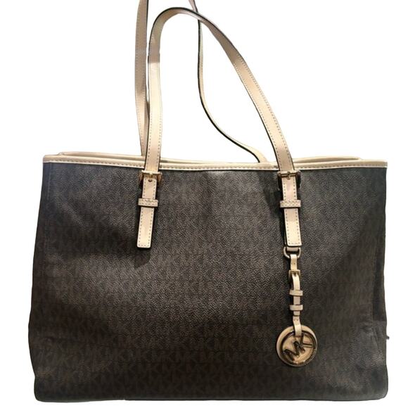 MICHAEL KORS Women's Brown Monogram Medium Jet Set Zip Top Tote Authentic - Picture 2 of 10